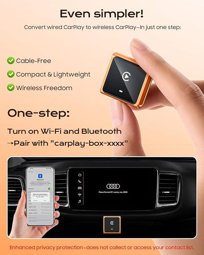 Wireless CarPlay Adapter for iPhone Only, with USB-C | Zero-Latency Auto-Connect GPS, Easy Wired-to-Wireless Conversion for Apple CarPlay, Works with Factory Wired CarPlay, Orange