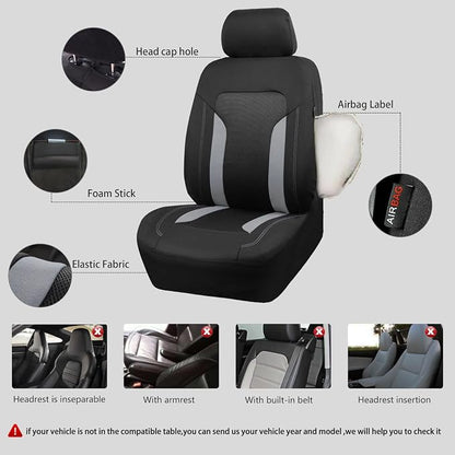 CAR PASS 3D Air Mesh Car Seat Covers Front Seats Low Back Bucket, Breathable Sporty Mesh in Summer Airbag Compatible Universal Fit 95% Automotive SUV,Truck,Sedan Interior Protector, Black Gray 2PCS
