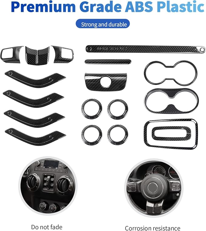 18PCS Full Set Interior Trim Kit for Jeep Wrangler JK JKU 2011-2018 4 Door,Center Console Door Handle Side Outlet Cup Holder Gear Cover Trim (Carbon Fiber)