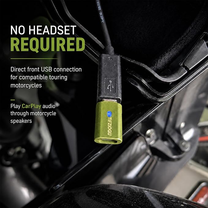 Motorcycle CarPlay Bluetooth Headset Bypass Adapter for Harley 12.3” Skyline OS, Newer Gold Wing Models, No Headset Required, USB-C Passthrough Charging, Military Green