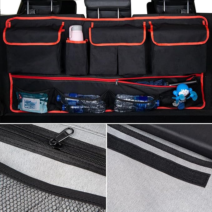 Mandark Car Trunk Organizer, Super Capacity Vehicle Hanging Backseat Cargo Storage Bag with Robust Elastic Net, Detachable Auto Seat Back Organizing Bag, Universal for SUV, Truck, RV（Black/Red）