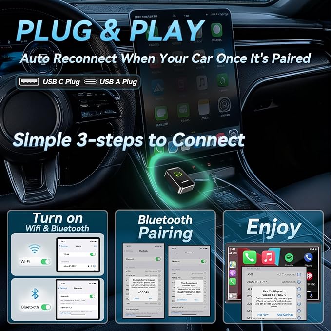 Mini Wireless CarPlay Adapter for Apple iPhone iOS 10+,No Delay & Fast, Plug & Play, Multi-User Seamless Connection for Convert Wired to Wireless Carplay Dongle for 2016+ Cars, USB-A/Type-C Port