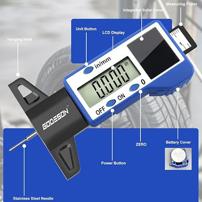 GODESON Digital Tire Tread Depth Gauge – Solar & Battery Hybrid, Inch/MM Modes, 1"/25.4mm Range, Blue Accurate Tread Depth Gauge Tool for Cars, Trucks & Motorcycles Tire Wear Check
