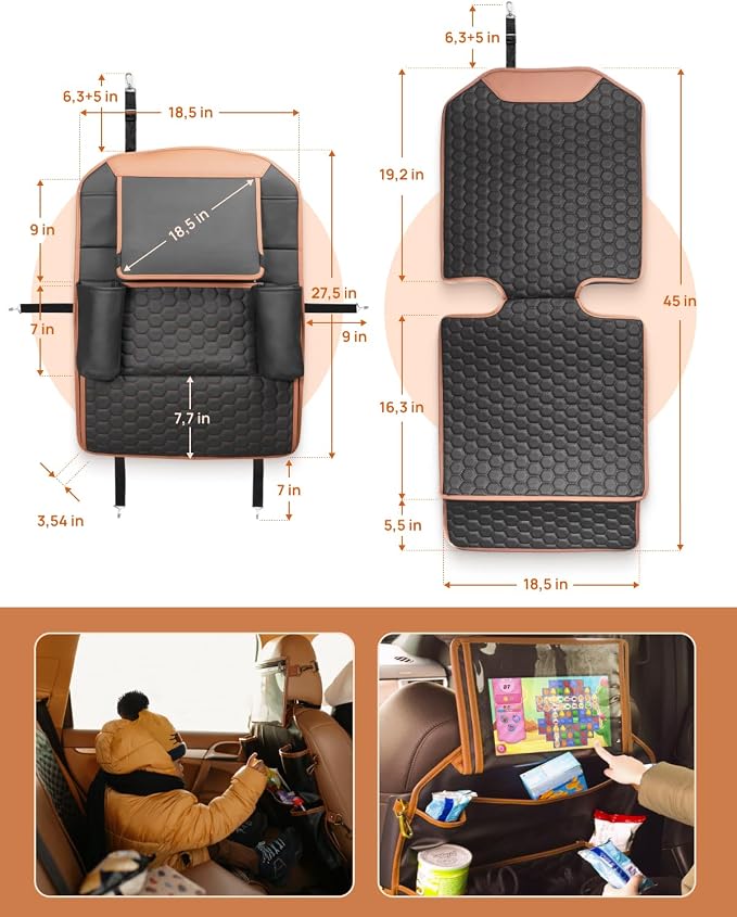 Owleys Set Car Seat Organizer Backseat Back Organizers & Seat Protector Kick Mat Back Of Seat Protector Automotive Organizer Seatback Toy Organization For Kids Behind Black Brown Tan