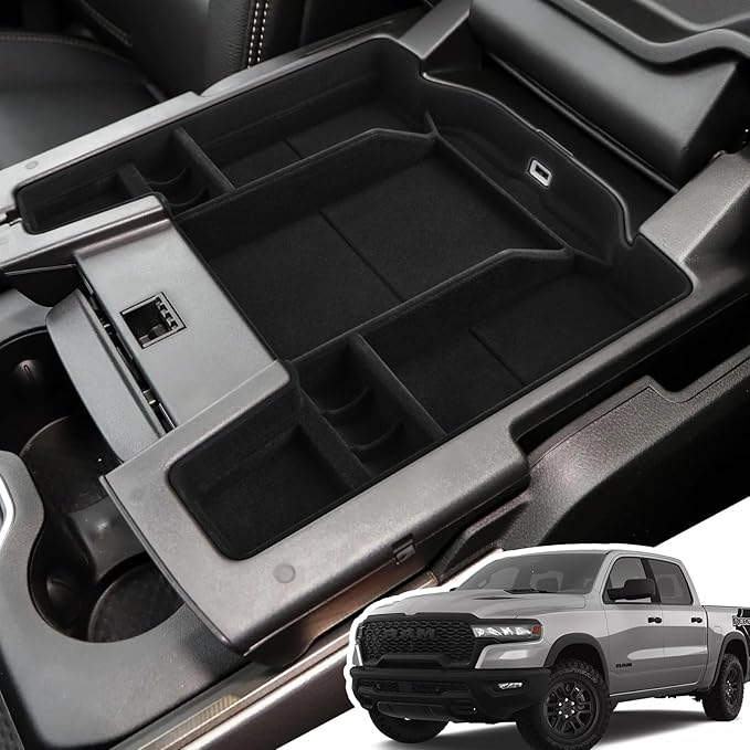 Center Console Organizer for 5th Gen 2026 2025-2019 Ram 1500 2500 3500(Full Console w/Bucket Seats Only), ABS Storage Box, Middle Console Tray Organizer, Insert Container Pallet-Black