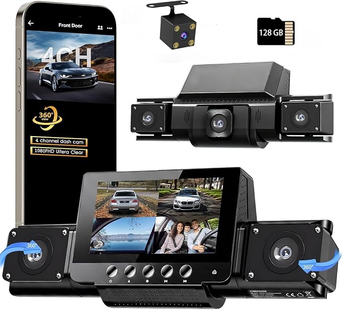 4 Channel Dash Cam Front and Rear with 360° View for All-Round Protection, 4-Way Recording, Built-in 5G WiFi & GPS, APP Control, 8 IR LEDs, 24H Parking Monitor, G-Sensor, Free TF Card (128, GB)