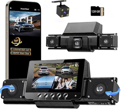 4 Channel Dash Cam Front and Rear with 360° View for All-Round Protection, 4-Way Recording, Built-in 5G WiFi & GPS, APP Control, 8 IR LEDs, 24H Parking Monitor, G-Sensor, Free TF Card (128, GB)