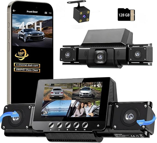 4 Channel Dash Cam Front and Rear with 360° View for All-Round Protection, 4-Way Recording, Built-in 5G WiFi & GPS, APP Control, 8 IR LEDs, 24H Parking Monitor, G-Sensor, Free TF Card (128, GB)