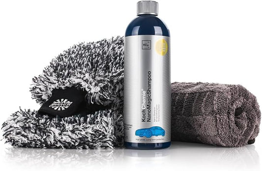 The Rag Company - Premium Essential Car Wash Kit Set - Scratch-Free Wash & Dry System with Korean Microfiber Drying Towel, Wash Mitt + Pad & Car Shampoo (4 Piece Kit)