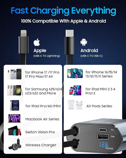 Retractable Car Charger for iPhone 17, 69W USB C 4 in 1 Fast Charging, Car Truck Accessories, Car Adapter, Road Trip Essentials Gift for Men Women, for iPhone 17 Pro Max Air 16 15 14 13, Galaxy, Pixel