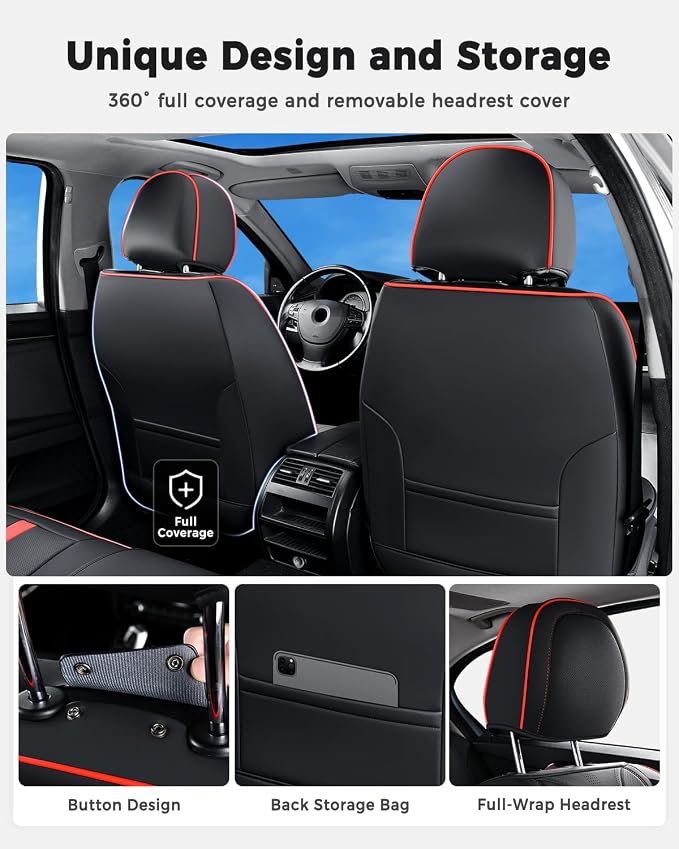 Huidasource Seat Covers Luxury Nappa Leather, Car Seat Cover with Velcro Adjustable, Airbag, Lumbar Support, Cooling and Heating, Seat Covers Full Set Universal Fit for Most Cars SUV Trucks, Black&Red