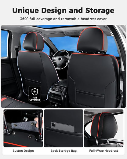 Huidasource Seat Covers Luxury Nappa Leather, Car Seat Cover with Velcro Adjustable, Airbag, Lumbar Support, Cooling and Heating, Seat Covers Full Set Universal Fit for Most Cars SUV Trucks, Black&Red