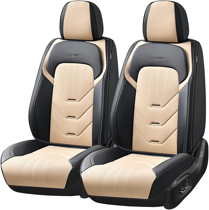 Coverado Front Seat Cover, Black&Beige Seat Cover for Cars, Waterproof Leather Car Seat Cover, Front Car Seat Protector Driver Seat Cover, Car Seat Cushion Universal Fit for Most Sedans SUV Trucks