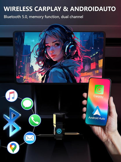 Lipstick Series (Built-in Magnet) Wireless Carplay/Android Auto Adapter for iPhone&Android Phone,Convert Wired to Wireless Dongle Adapter, Mini Size with USB&Type-C 2.0, Stable Control & No Delay