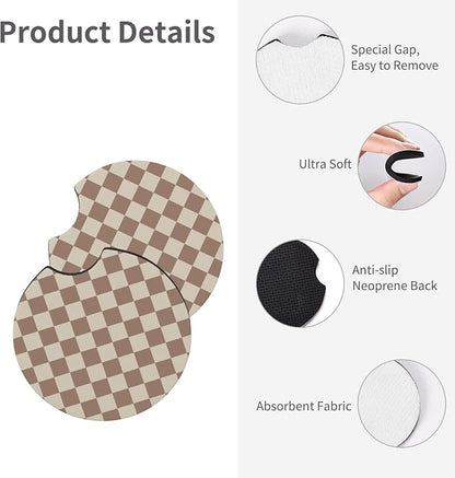 Checkered Brown Steering Wheel Cover 14-15 Inch with 2 Pcs Car Coasters | Universal Anti-Slip Breathable Suitable Men Women Checkered Car Wheel Cover Accessories
