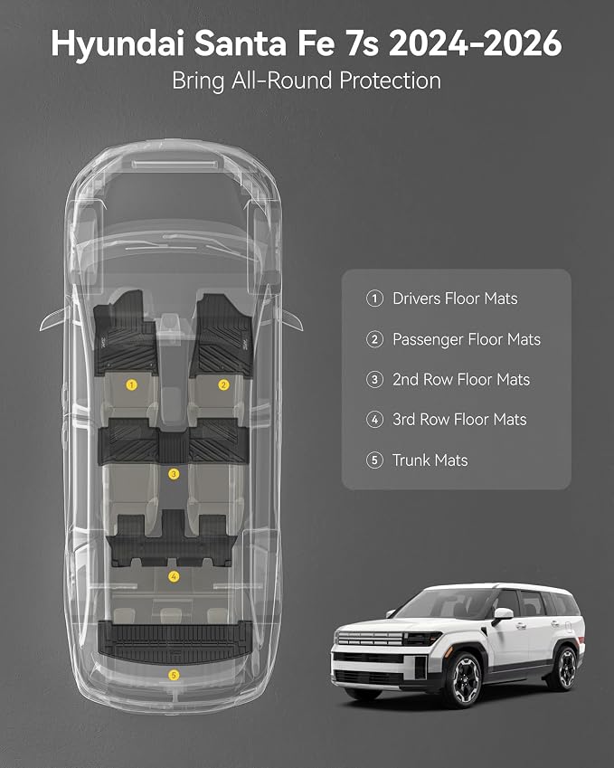 3W Floor Mats & Cargo Liner Fit for 2024 2025 2026 Hyundai Santa Fe (Not for Hybrid) 7 Seats, Full Set Floor Liner TPE All Weather Heavy Duty Car Accessories, Anti-Slip