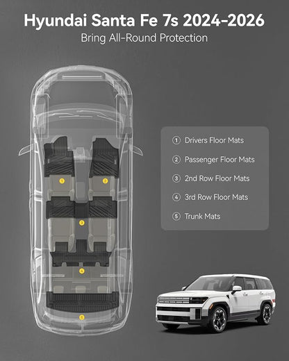 3W Floor Mats & Cargo Liner Fit for 2024 2025 2026 Hyundai Santa Fe (Not for Hybrid) 7 Seats, Full Set Floor Liner TPE All Weather Heavy Duty Car Accessories, Anti-Slip