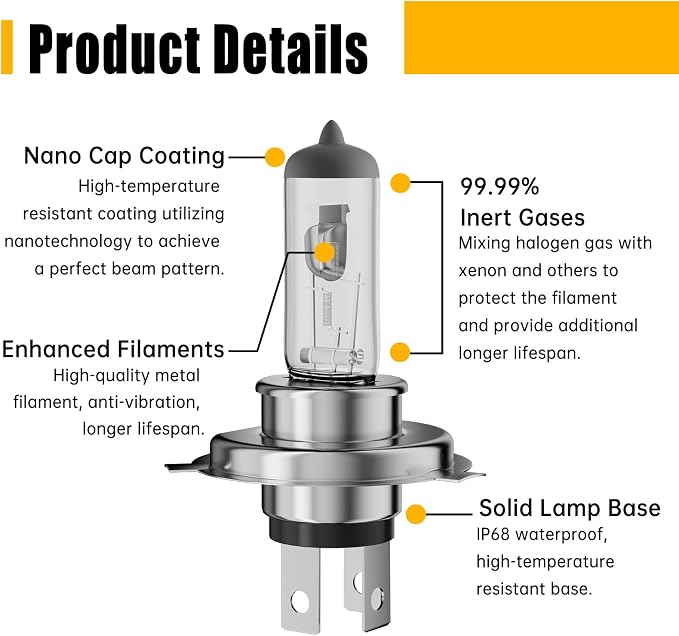 9003/H4 Halogen Headlight Bulb,3800K, 4000 Lumens,12V 55W Standard Halogen Light Bulb,Head Light Bulbs for Car,High Brightness Headlight Bulb,Headlight Bulbs High and Low Beam,Pack of 2