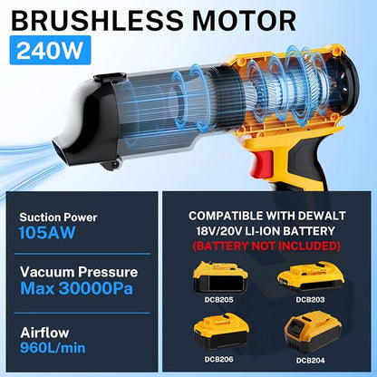 YEX-BUR Cordless Handheld Vacuum for Dewalt 20V Battery(Tool Only), 240W Powerful Car Vacuum with Brushless Motor, 3-Speed, 5 Filters, Portable Vacuum Cleaner for Home Office Car Pet