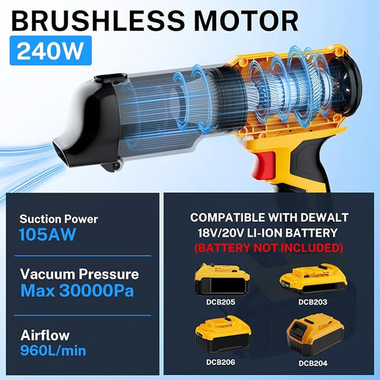 YEX-BUR Cordless Handheld Vacuum for Dewalt 20V Battery(Tool Only), 240W Powerful Car Vacuum with Brushless Motor, 3-Speed, 5 Filters, Portable Vacuum Cleaner for Home Office Car Pet