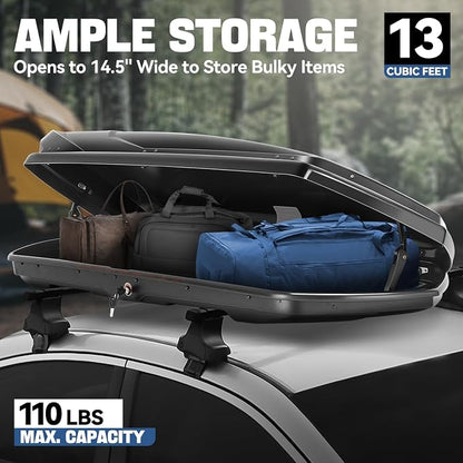 Auto Dynasty Rooftop Cargo Box Hard Shell Carrier Waterproof Storage Case with Locks & Keys Fits Vehicles with Cross Bars, 13 Cubic Feet 110LBS Capacity, 72'' L x 30'' W x 12'' H, Glossy Black