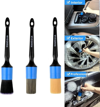 MVEQRRN 3pcs Car Detailing Brush Set-1pcs Boars Hair Car Detailing Brushes,1pcs Ultra Soft No Scratch Detailing Brush for Air Vent,Leather Seat 1pcs auto Detail Brushes for Interior Exterior(Blue)