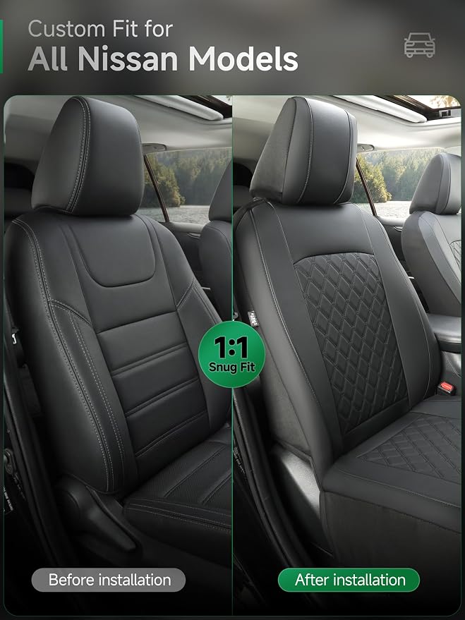 GIANT PANDA Front Seat Covers for Nissan Rogue Altima Sentra Versa Kicks Frontier Murano Pathfinder Maxima,Faux Leather Bucket Seat Cover Fit Nissan Seat Protectors (Black Diamond) 2-Pack