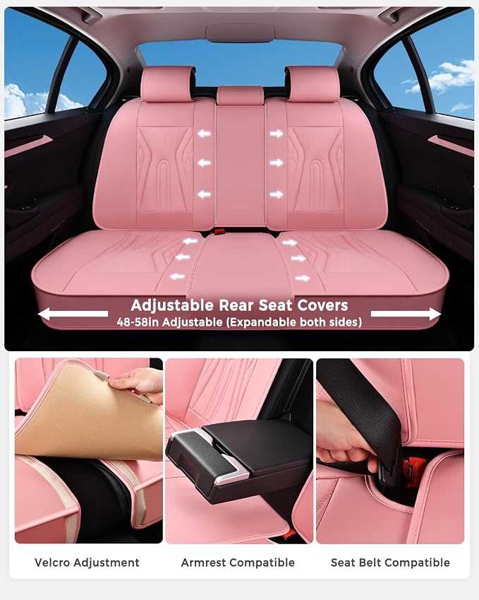 Huidasource Car Seat Covers Full Set, Universal Fit for Most Cars SUV Trucks, Full Coverage Nappa Leather Seat Cover, Airbag, Cupholder Compatible, Velcro Adjustable, Seat Function Retain, Pink