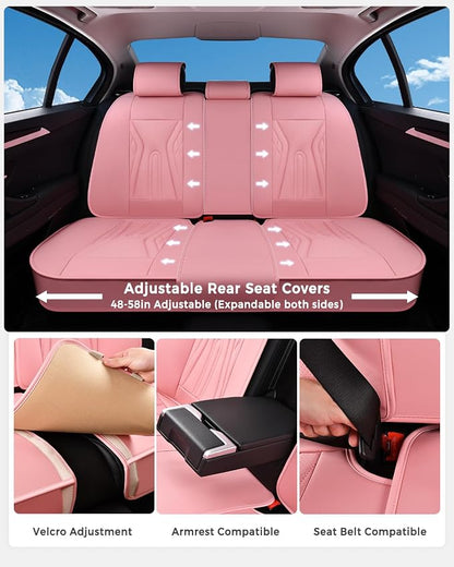 Huidasource Car Seat Covers Full Set, Universal Fit for Most Cars SUV Trucks, Full Coverage Nappa Leather Seat Cover, Airbag, Cupholder Compatible, Velcro Adjustable, Seat Function Retain, Pink