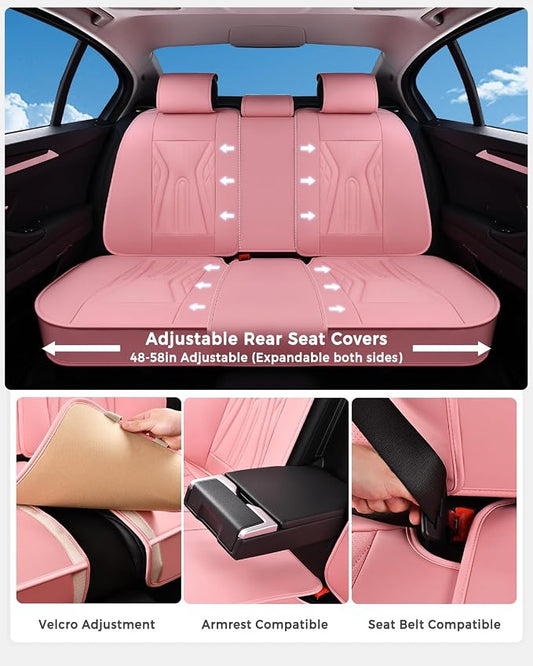 Huidasource Car Seat Covers Full Set, Universal Fit for Most Cars SUV Trucks, Full Coverage Nappa Leather Seat Cover, Airbag, Cupholder Compatible, Velcro Adjustable, Seat Function Retain, Pink