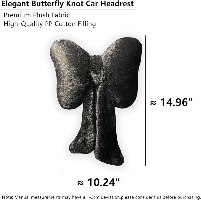 Car Neck Pillow 2PCS Plush Bowknot Car Headrest Pillow – Comfortable Neck Support for Driving Soft Touch Fabric Car Pillow Cute Interior Decor (Black)