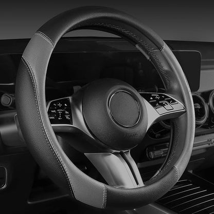 CAR PASS Faux Leather Steering Wheel Cover and Waterproof Car Floor Mats,Universal Car Combo Fit for 95% Sedan,SUV,Cars,14.5-15inch Sporty Anti-Slip Safety Comfortable Design(Black＆Gray)