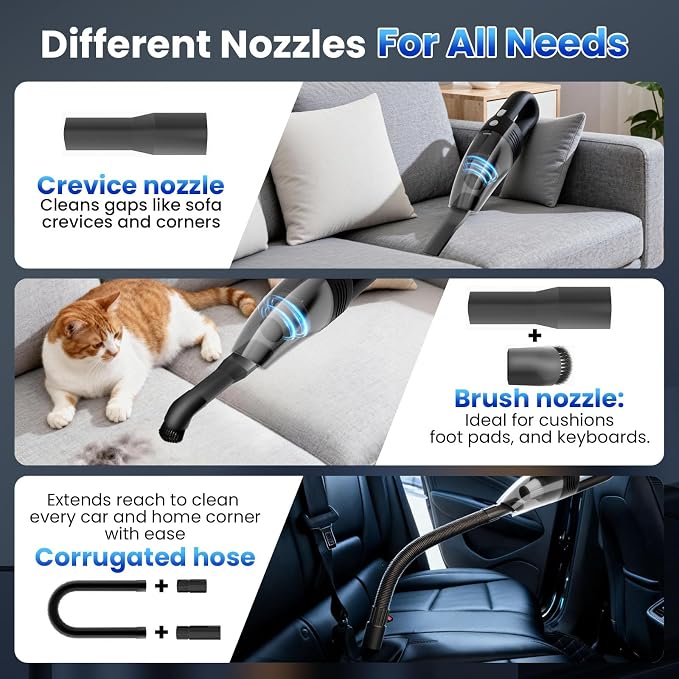 Handheld Vacuum Cordless Car Vacuum Cleaner 11000PA High Power Portable 1.4lbs Lightweight Rechargeable with 2 Filter Multi-Nozzles for Home Office Dust