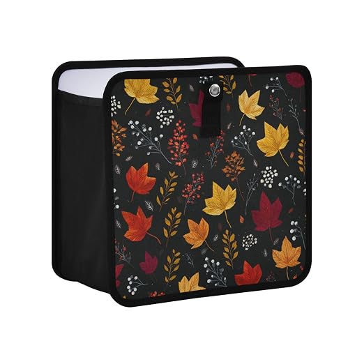 Car Trash Can Organizer Bin with Adjustable Strap for Back Front Seat Console Waterproof Leakproof Collapsible Portable 8.66 Inch Autumn Leaf Pattern Black