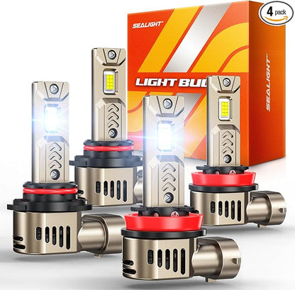 SEALIGHT 9005 H11 LED Combo for Driving Light Bulbs, 90,000LM Super Bright Bulb 10X Brigher than Origin, 6500K White 1:1 Real Size HB3 H8/H9 LED Bulb, Plug and Play, Pack of 4