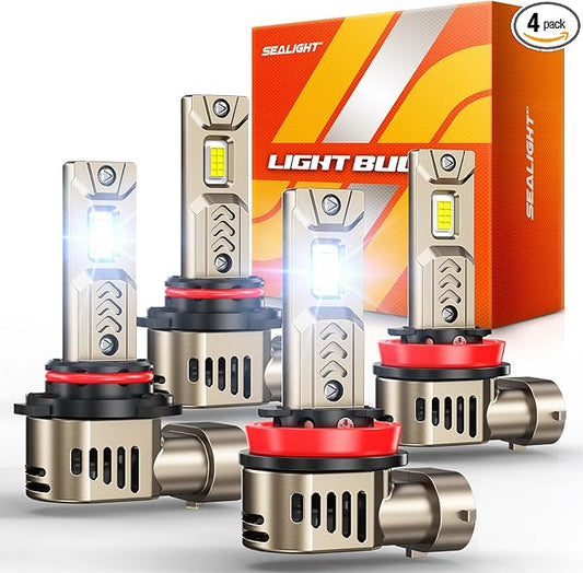 SEALIGHT 9005 H11 LED Combo for Driving Light Bulbs, 90,000LM Super Bright Bulb 10X Brigher than Origin, 6500K White 1:1 Real Size HB3 H8/H9 LED Bulb, Plug and Play, Pack of 4