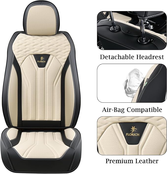 FLORICH Leather Seat Covers, Seat Covers Full Set, Car Seat Protectors 5 Seats, Automotive Seat Covers Fit for Most Cars Trucks SUV- Black&Beige