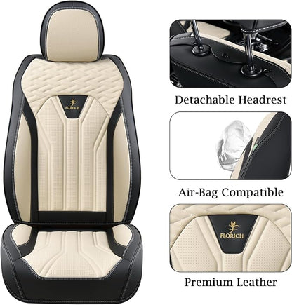 FLORICH Leather Seat Covers, Seat Covers Full Set, Car Seat Protectors 5 Seats, Automotive Seat Covers Fit for Most Cars Trucks SUV- Black&Beige