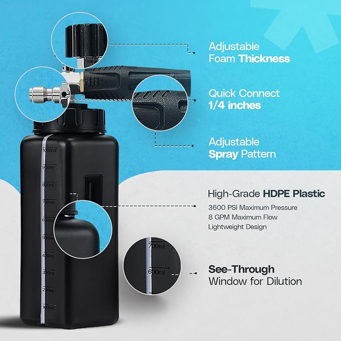Foam Cannon for Pressure Washer 1.1mm Orifice for Thick Snow Foam Lance | High Performance 1/4'' Quick Connector Adjustable Pressure Washer Soap Attachment Foamer Car Detailing Soap Cannon Wide Mouth