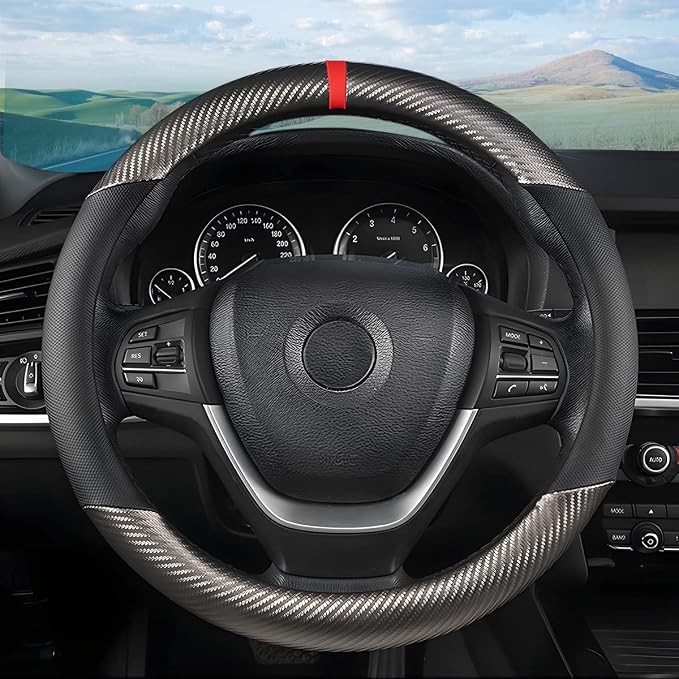 Carbon Fiber Steering Wheel Cover, Universal 15 inch Breathable Anti Slip, Fit Most Cars, Trucks, SVU (Black/Gray)