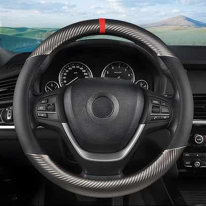 Carbon Fiber Steering Wheel Cover, Universal 15 inch Breathable Anti Slip, Fit Most Cars, Trucks, SVU (Black/Gray)