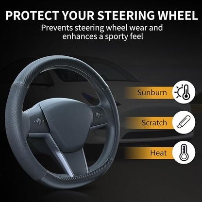 Uxcer Carbon Fiber Leather Steering Wheel Cover for Tesla Model 3/Y 2016-2025 2026 Juniper/Highland, Non-Slip Breathable Steering Wheel Protector for Tesla Model 3/Y Accessories 2026