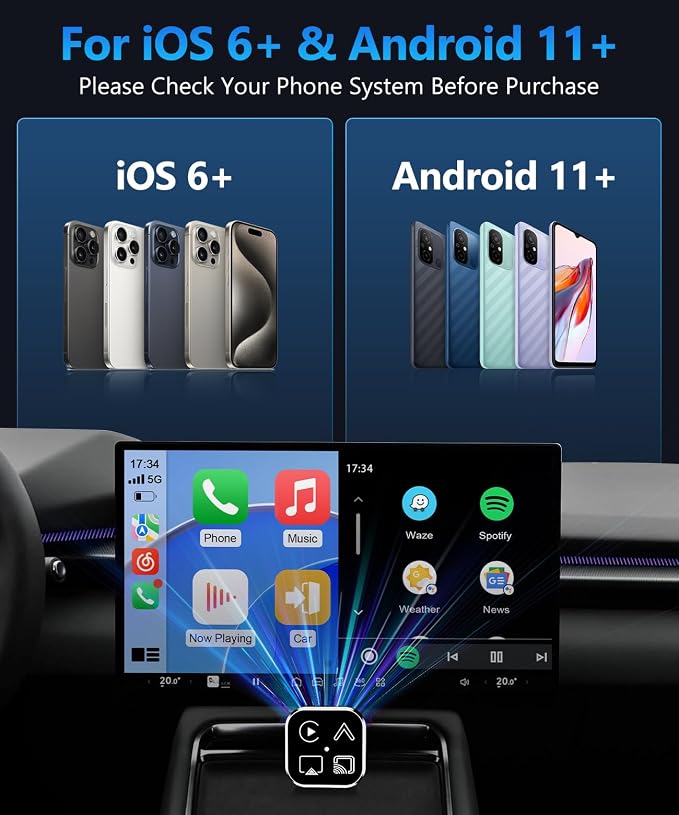 2026 4 in 1 Mini Wireless CarPlay Android Auto Adapter, Support AirPlay MirrorLink, Convert Wired to Wireless, Auto Connect for Daily Commute, Plug and Play Dongle (Silver)