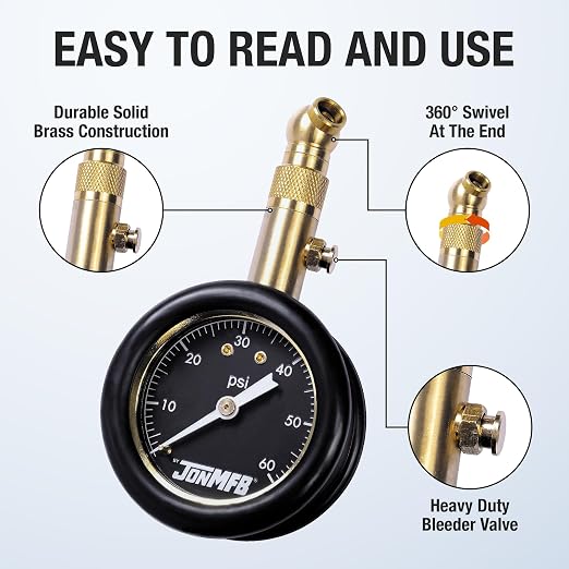 Tire Pressure Gauge for Cars and Trucks. 0-60 PSI Calibrated to ANSI B.40.1 Accuracy. Large 2 Inch Easy to Read Gauge and 360 Degree Rotation for Easy Connection., 200-60R