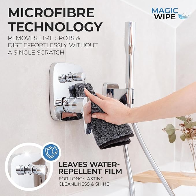Magicwipe® Bathroom Drying Cloth – Removes Limescale & Hard Water Stains in Seconds with Just Water – Streak-Free for Shower Glass & Tiles – Reusable Microfibre Cloth (1, Black 40x60cm)