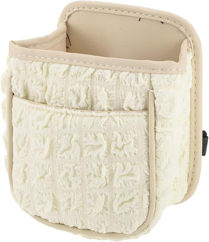 Car Trash Can Portable and Hanging 6.3" Length 3.9" Width 7.1" Height Trash Bin Fabric Beige White 1 Pcs