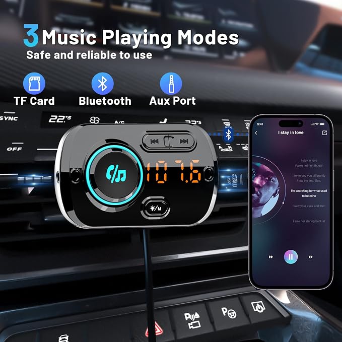 Bluetooth FM Transmitter for Car, Wireless Radio Adapter Car Music Player Receiver with Bluetooth FM Frequency Support Hands Free Call,Charger Dual USB Port,TF Card/AUX