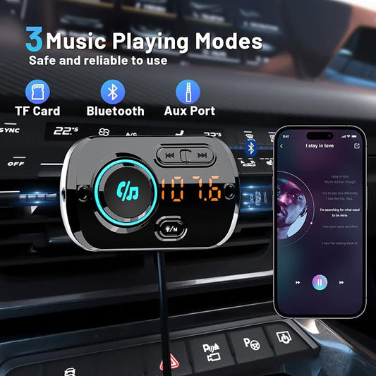 Bluetooth FM Transmitter for Car, Wireless Radio Adapter Car Music Player Receiver with Bluetooth FM Frequency Support Hands Free Call,Charger Dual USB Port,TF Card/AUX