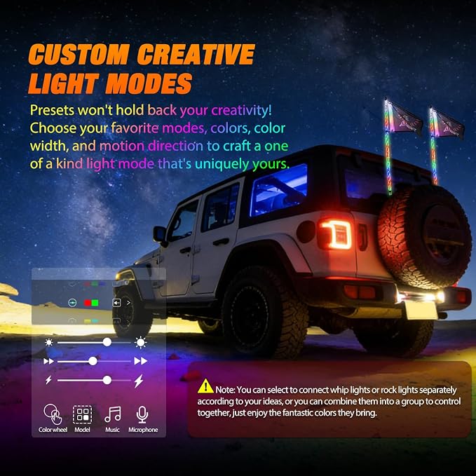 Nilight 2PCS 3FT RGB LED Whip Light with Spring Base and 6 PCS Rock Lights Combo, Remote App Control w/DIY Chasing Patterns Turn Signal Brake Reverse Antenna Lighted Whips for ATV UTV Polaris RZR Jeep