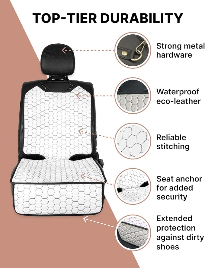 Owleys Set Seat Back Organizer & Car Seat Protector Hexy Waterproof & Non-Slip Protector for Child Car Cushion for Leather and Fabric Seats (White)